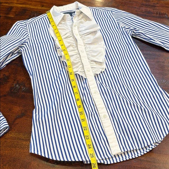 Ralph Lauren Vintage Blue and White Striped Button Up Ruffle Blouse size 4 - Picture 12 of 12